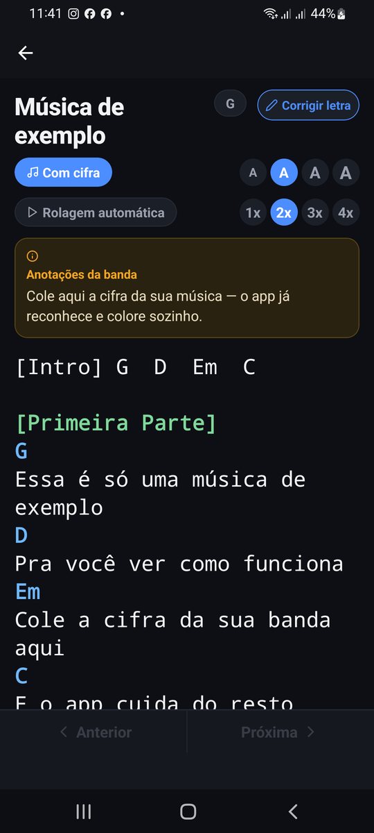 Tela de cifra do Chão de Palco