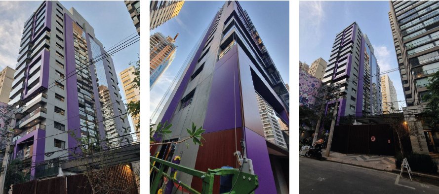 Fachadas de prédio envelopadas em roxo e cinza